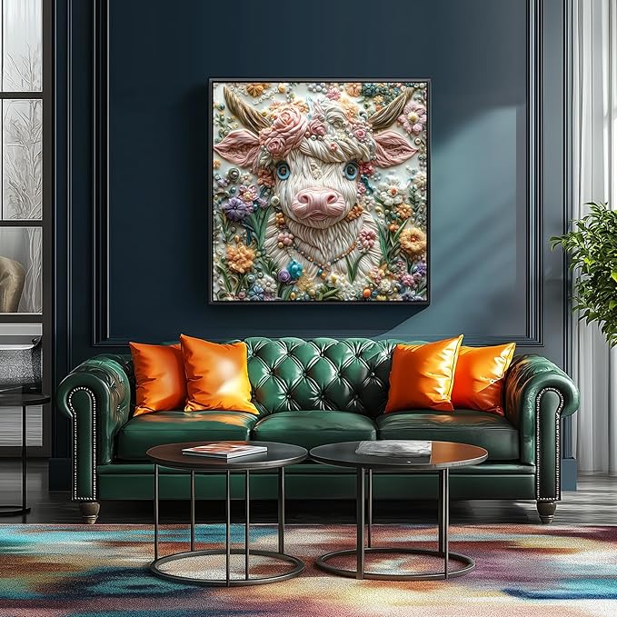 MINIWAN 500 Piece Puzzles for Adults - Quilling Art Highland Cow Floral Jigsaw Puzzle, 20x20 Inches 3D Effect Large Piece Art Puzzle for Relaxation & Home Wall Decor
