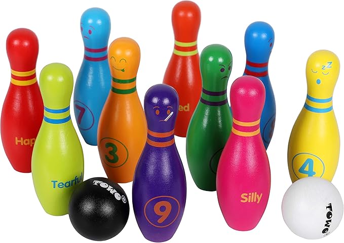 TOWO Wooden Skittles for Children - Skittle Set with 10 Facial Expressions and Numbers - 10 Pin Bowling Set for Kids Garden Toys- Wooden Toys for 2 Year Old