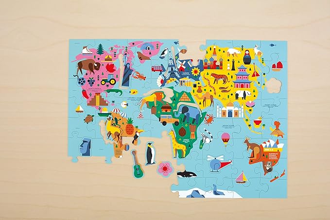 Mudpuppy Map of The World – 78 Piece Geography Puzzle with Special Shaped Pieces and Iconic Landscapes Cultural Items and More