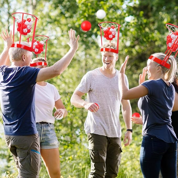 Libima 12 Pcs Head Hoop Basketball Party Game Set Portable Adjustable Basket Net Headband with Balls for Birthday Carnival Office Indoor Outdoor Activity(Red)