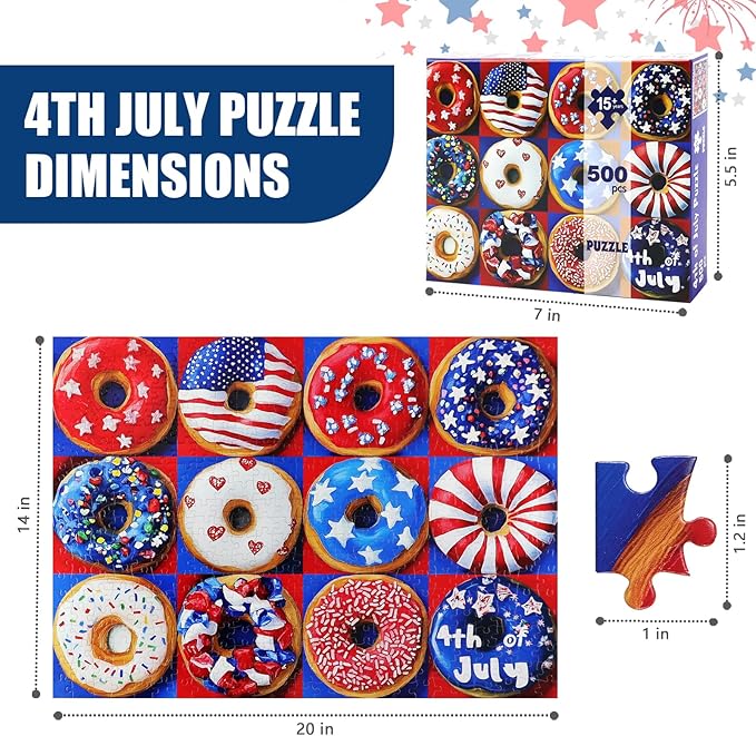 Patriotic Donuts 500 Piece Puzzles for Adults - American Flag Theme, with Vibrant Red, White & Blue Artwork Puzzle for Family Game Night & Home Decor