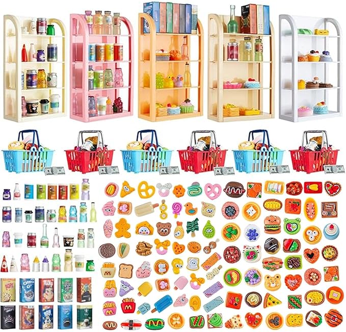 164pcs Miniature Supermarket Shelves Furniture Model 4 Layers Shelf Display Rack Doll House Accessory Storage Bookshelf Accessories Mini Locker Decor Food Drink Bottle Toy Cosplay Game Party