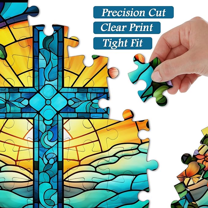 Cross Stained Glass Puzzles for Adults 1000 Pieces and up, PICKFORU Christian Puzzles with Colorful Flower, Religious Puzzle as Home Decor