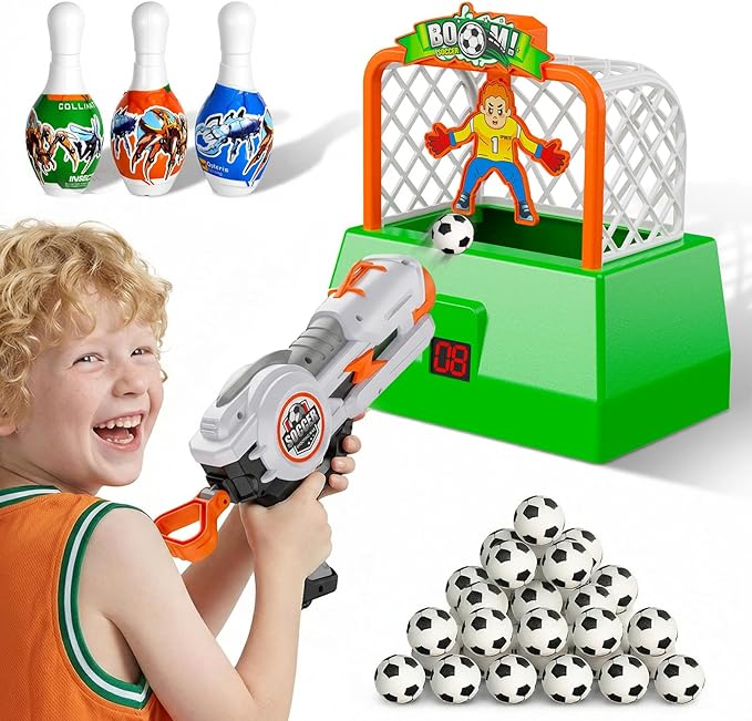 Kids Shooting Game Toy Set,Soccer Game for Kids,Including 24 Foam Soccer Balls and 3 Foam Bowling Pins,LCD Score Record,Indoor Outdoor Birthday Gift for Kids Boys and Girls Ages 3+Years Old