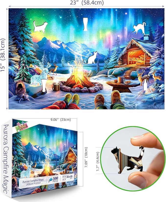 Aurora Winter Camp 500 Piece Puzzle for Adults, Fun Puzzles for Adults 500 Pieces with HD Print & Poster, 23" X 15" in Dust Free, for Gifts Halloween Christmas Family Games Lovers