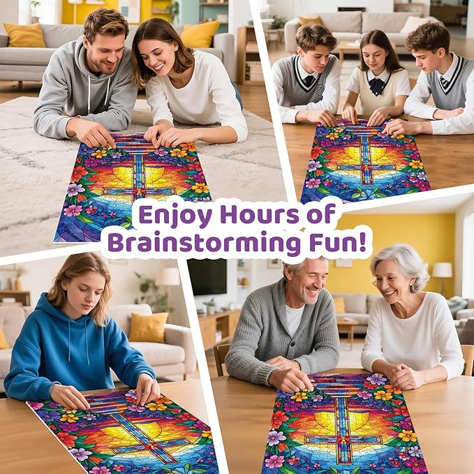 Puzzles for Adults 500 Pieces,Cross Stained Glass Puzzles for Adults,Christian Puzzles & Colorful Flower Jigsaw Puzzle for Seniors,Religious Puzzle as Home Decor Puzzle,Holiday Party Gifts,20.5x15 in