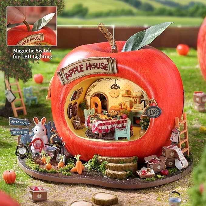 TuKIIE DIY Miniature House Kit with Furniture, 1:100 Scale Creative Room Mini Wooden Dollhouse Book Nook for Kids Teens Adults(Apple House)