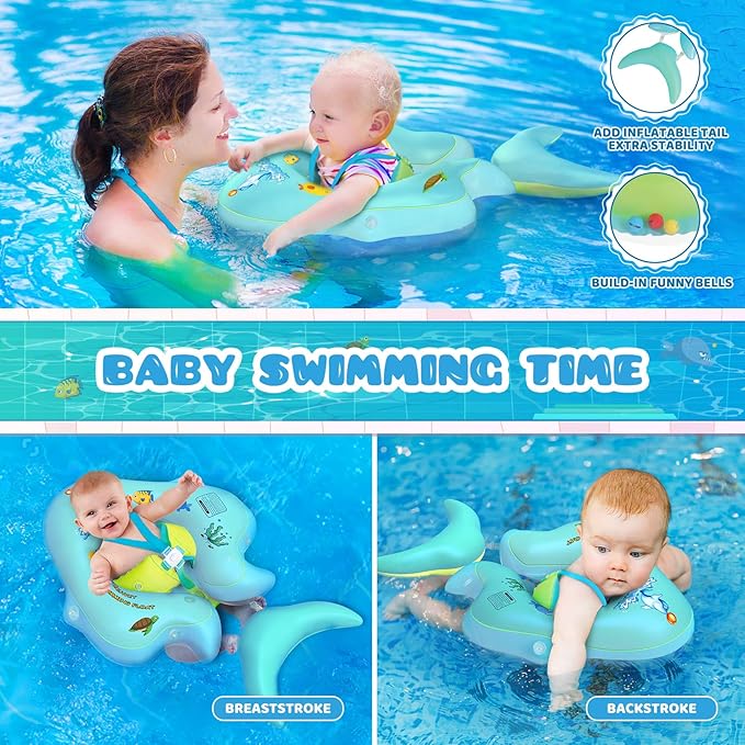 No Flip Over Baby Pool Float with Canopy UPF50+ Sun Protection, Inflatable Baby Float with Sponge Safety Support Bottom, Fun Gifts Water Toys Accessories Baby Swim Floats for Pool 3-36 Months