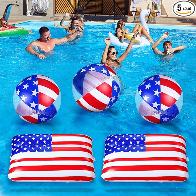 5 Pcs Inflatable 4th of July Pool Float USA 250th Anniversary American Flag Star Beach Balls Large 20'' Red White and Blue Inflatable Balls Independence Day Patriotic Decoration for Summer Pool