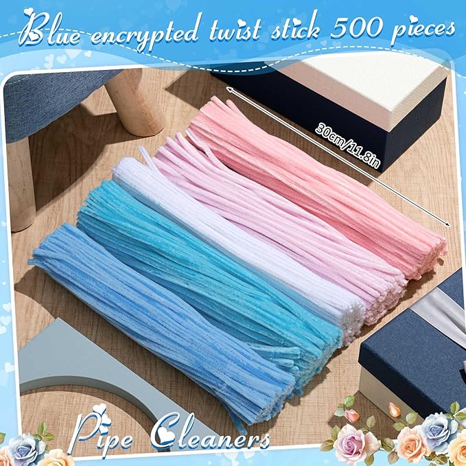 Peryiter 500 Pieces Pipe Cleaners Chenille Stems for Flowers Craft Supplies Bulk Fluffy Fuzzy Sticks for DIY Art Projects Creative Gift Wrapping Party Decorations (Blue & Pink Flower,12 Inch)