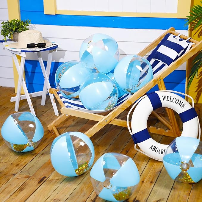 12 Pcs 16 Inch Inflatable Beach Balls Bulk Jumbo Pastel Inflatable Decorated Ball with Macaron Color PVC Party Ornaments for Summer Birthday Party Decoration (Blue)