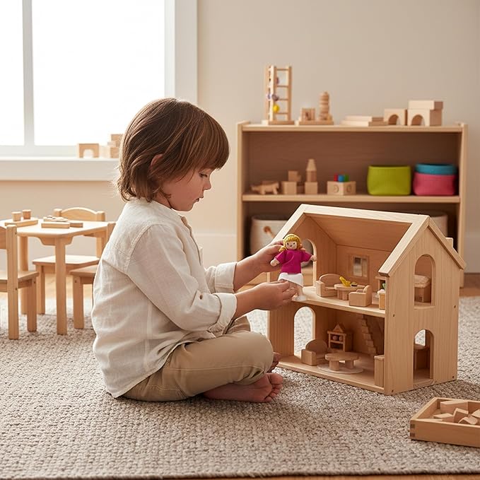 PlanToys® Mother Wooden Dollhouse Figurine | Poseable 1:12 Scale Mini Doll (5 Inch) | Dollhouse Accessories for Pretend Play | Eco-Friendly Montessori Toy for Kids Ages 3+