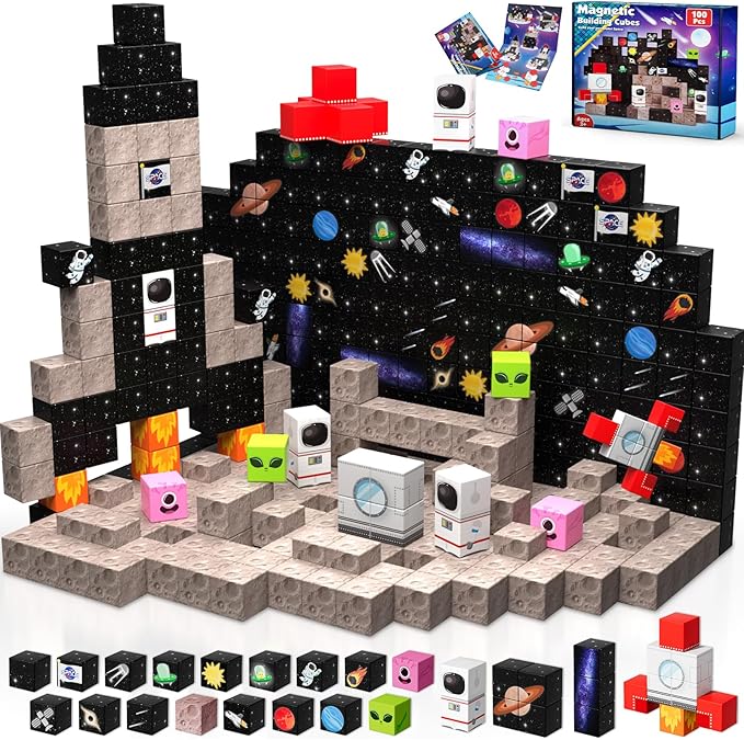 Magnetic Blocks-100PCS Magnetic Building Blocks,Space Rocket Magnetic Tiles Cubes 2026 Upgraded STEM Game, Christmas Birthday Gifts for 3 4 5 6 7 8 9 10 Year Old Boys and Girls