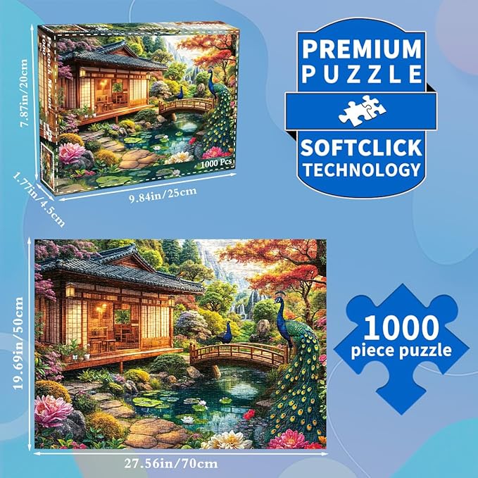 1000 Piece Puzzles for Adults - Traditional Japanese Retreat - Jigsaw Puzzles for Adults and Kids 1000 Piece Educational Games Colorful Puzzles-Exquisite Japanese Garden with Peacocks