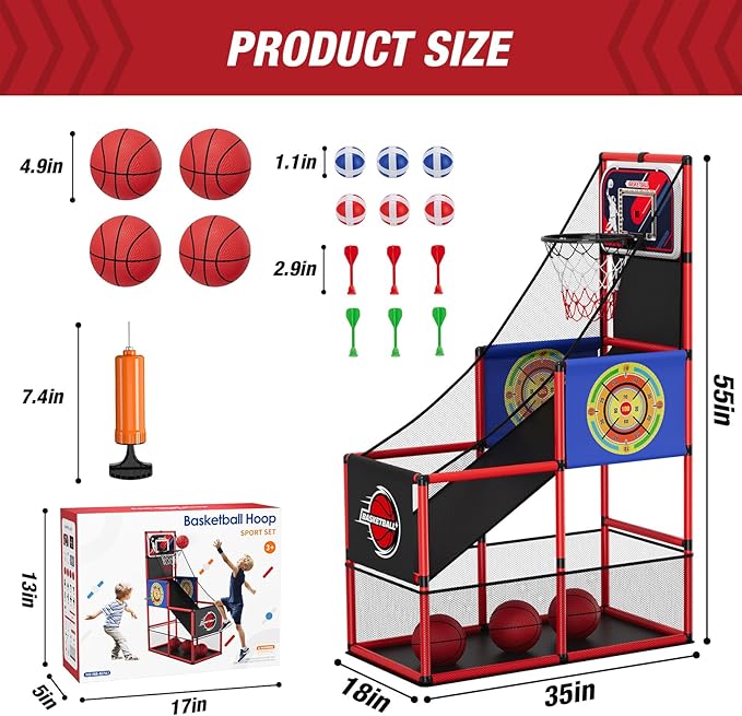 Basketball Arcade Game Indoor Outdoor, Kids Basketball Hoop with 4 Balls & Pump, Single Shot Basketball Game at Home, Carnival Games Sport Toys for Boys Girls Teens