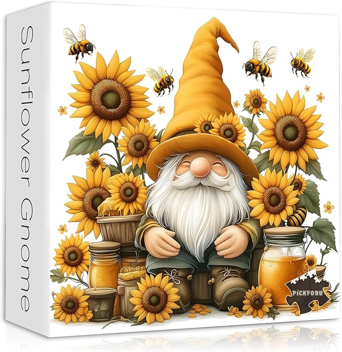 PICKFORU Sunflower Gnome Puzzle for Adults 1000 Pieces, Funny Garden Gnomes Honey Bee Jigsaw Puzzle, Floral Nature Themed Challenge for Adults Art
