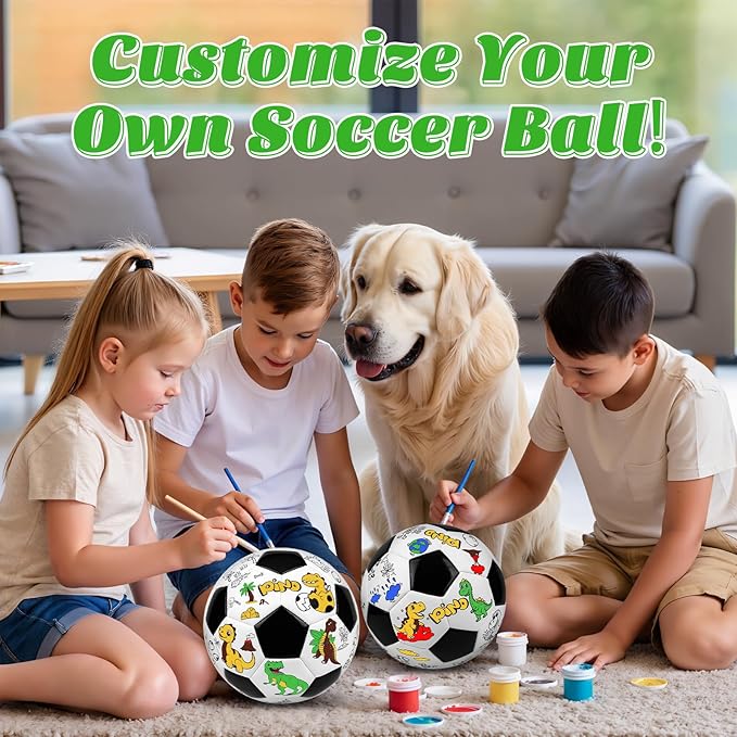 Size 4 Color Your Own Soccer Ball Black Dinosaur DIY Custom Craft Kit with Pump 12 Markers Personalized Youth Toddler Training Paint Your Own Toy Creative Gift for Kids