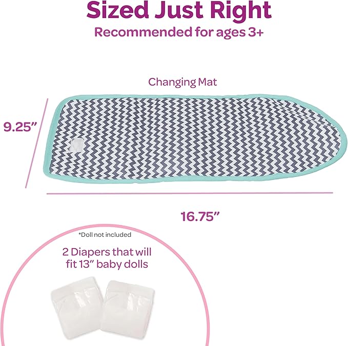 Adora Baby Doll Diaper Bag with Sturdy Straps, Includes Changing Mat and 2 Doll Diapers (Fits 13" Dolls), for Ages 3+ - Zig Zag Print