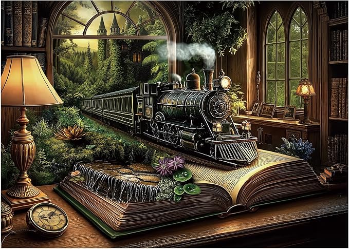 Train Fantasy Forest Puzzle 1000 Pieces for Adults, Magic Book Vintage Castle Jigsaw Puzzles, Nature Plant Tree Bookshelf Puzzles