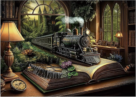 Train Fantasy Forest Puzzle 1000 Pieces for Adults, Magic Book Vintage Castle Jigsaw Puzzles, Nature Plant Tree Bookshelf Puzzles