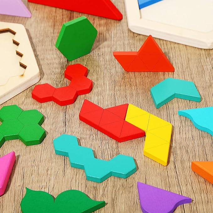 5 Pack Wooden Tangram Puzzle for Kids Wooden Hexagon Puzzle Block Teaser Geometric Shapes Tangram Games for Jigsaw 3D Logic IQ Game Gift(Geometry)