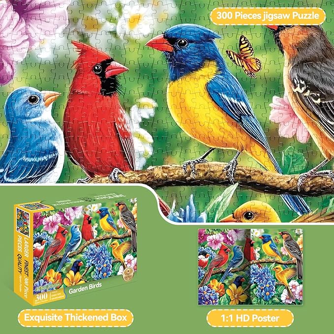 300 Piece Puzzles for Adults – Spring Colorful Birds & Blooming Flowers Jigsaw, Relaxing 300 Piece Puzzles for Adults Large Piece, for Puzzle Fans, Kids & Seniors (20.5" x 15")