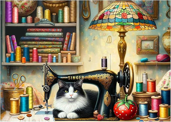 Rocorose 1000 Piece Puzzle for Adults, Sewing Room Cat Jigsaw Puzzle, Challenging Animal Puzzles Game for Family Puzzle Lovers