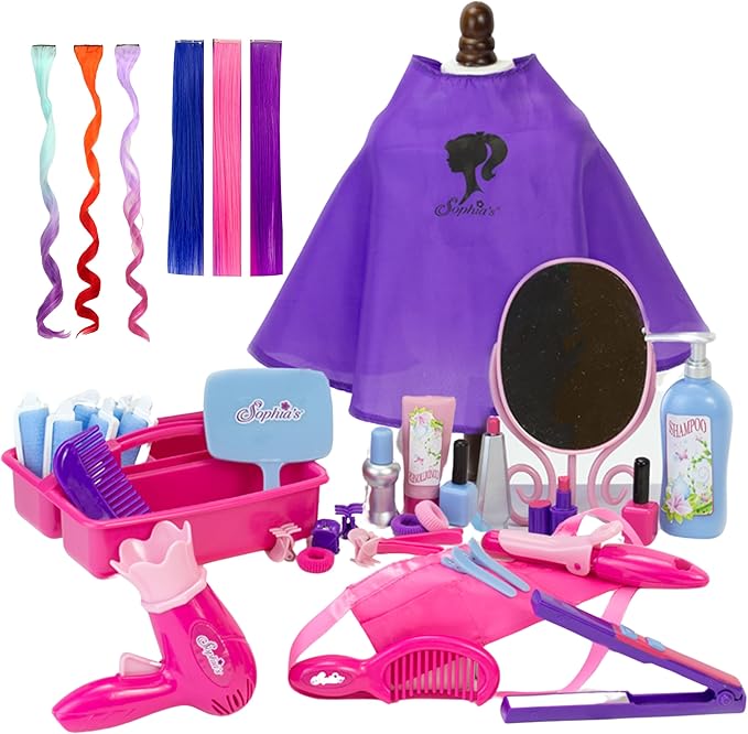 Sophia's 18 Inch Doll Complete 36 Piece Hair Salon Set with Styling Tools, Hair Ties, Brush, Mirror, Blow Dryer, Salon Cape and Hair Extensions Set, Pink/Purple