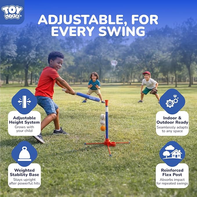 TOY Life 3-in-1 tBall Set for Kids 3-5, Adjustable Toddler T Ball Training Set with Bat, Toddler Baseball Set Semi-Automatic Launcher, Hanging Tee, Soft & Dog Play Balls, Fun Sports Set for Ages 3+