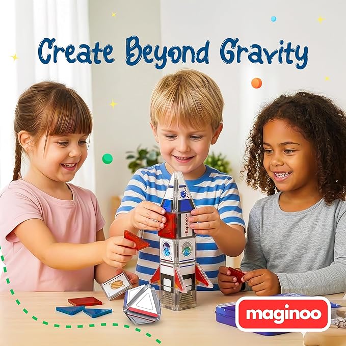 42PCS Mini Magnetic Tiles Space Rocket Travel Set with Iron Box STEM Educational Building Blocks Magnetic Construction Toy for Kids Ages 3 to 8 Creative Gift for Boys and Girls