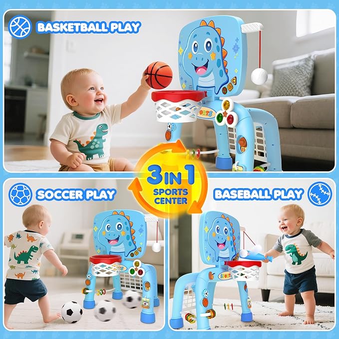 Toys For 1 Year Old Boy - Toddler Basketball Hoop&Soccer Goal&Baseball Sport Activity Center,Montessori Sensory Musical Toy With Light,Christmas Birthday Gift for Age 12-18 Month(Baby Blue Dinosaur)