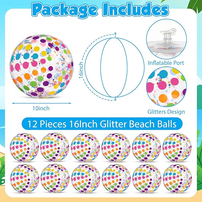 12 Pack Sequins Beach Balls 16" Colorful Polka Dot Pool Balls Inflatable PVC Clear Summer Jumbo Sport Ball Adults Summer Hawaiian Beach Swimming Pool Accessories Outdoor Water Games Party Favor