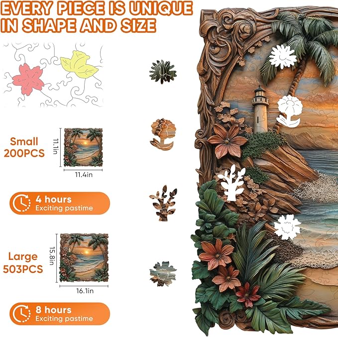 Pikoqunc Seaside Dusk Wooden Puzzles,200 Pieces 11.4x11.1 Inches,Laser-Cut Art Jigsaw with Challenging Irregular Pieces,Relaxing Brain Teaser and Elegant Gift for Adults and Puzzle Lovers