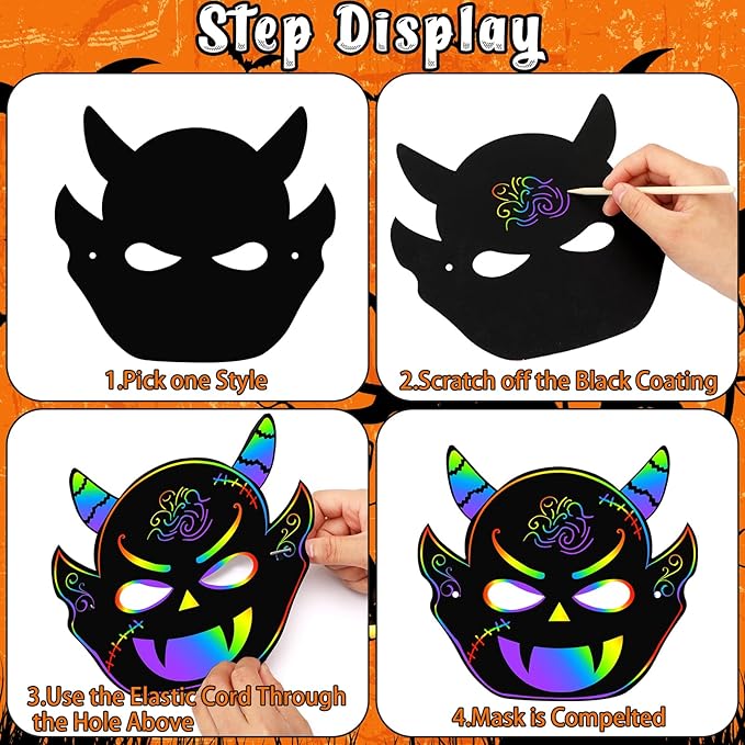 AUGSUN Halloween Crafts, 36pcs Scratch Art Mask Rainbow Magic Scratch Paper Mask Halloween Mask Crafts for Party Favors