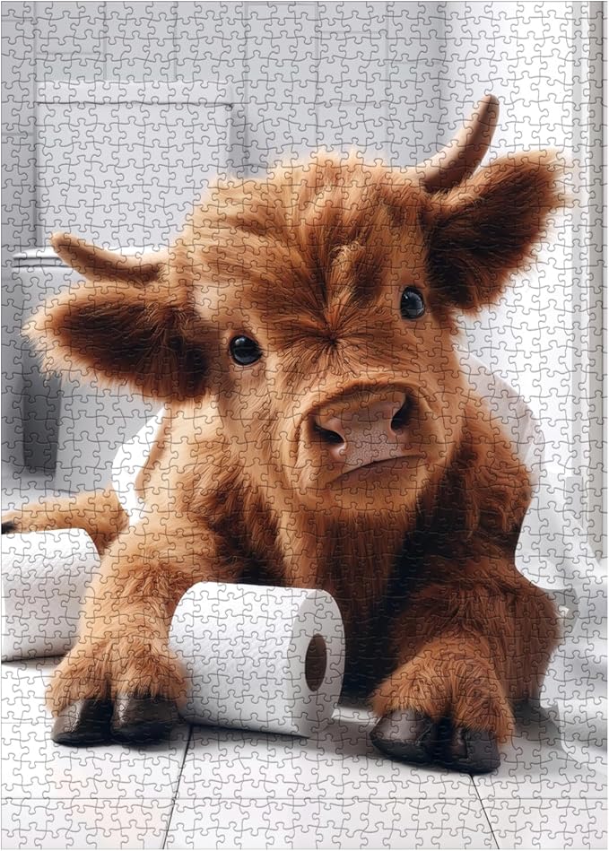 Funny Highland Cow Puzzles for Adults 1000 Pieces, Cute Animal Bathroom Cattle Jigsaw Puzzle, Art Challenging Toilet Paper Calf Puzzle