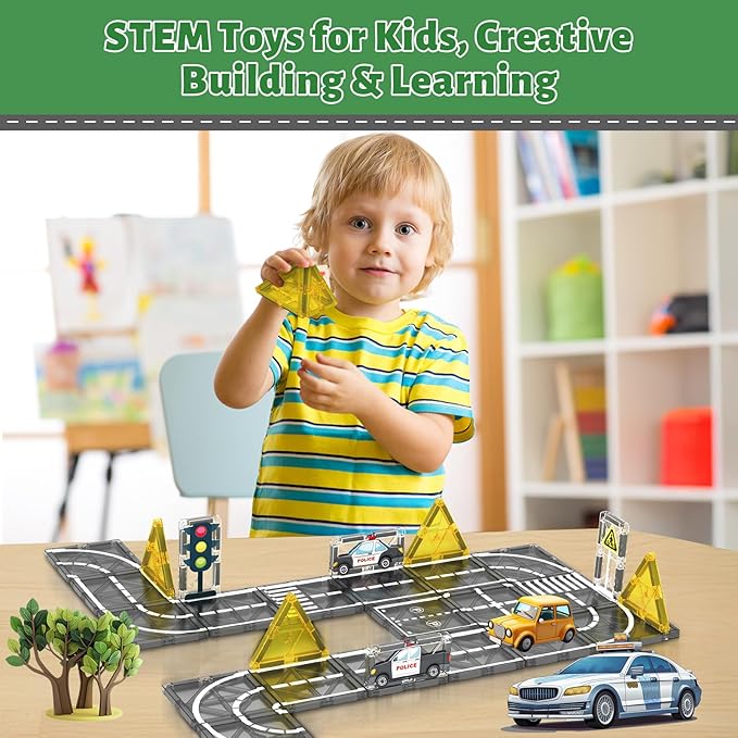 Magnetic Tiles Road Expansion Set, STEM Magnetic Building Blocks for Kids Ages 3-5 4-8 5-7, STEM Learning Toys, Safe & Durable Creative Construction Play, Gift for Boys & Girl