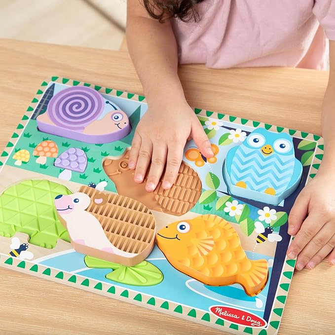 Melissa & Doug Forest Friends Touch & Feel Wooden Puzzle, 5-Piece Chunky Toddler Puzzles with Animals & Textured Silicone Puzzle Board Inlays, Preschool Toys for Girls & Boys Ages 2 and Up