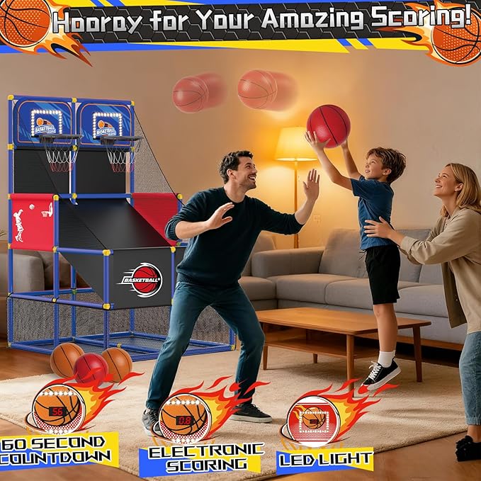 Upgrade Dual Basketball Arcade Game Kids Electronic Basketball Hoop with Electronic Scoreboard LED Light 6 Balls Indoor Outdoor Sports Toys Gift for Boys Girls Ages 3-8 (Blue)