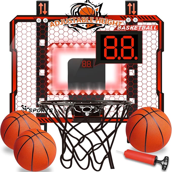 Adjustable Height Basketball Hoop Indoor with LED Lights, Basketball Toys Gifts for 5 6 7 8 9 10+ Year Old Boys Kids, Indoor Over The Door Mini Basketball Hoops with Electronic Scoreboard & 3 Balls
