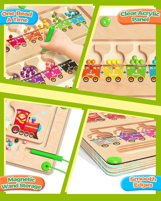 Magnetic Color and Number Maze, Montessori Toys for 2 3 4 Year Old, Wooden Color Matching Puzzle Board, Preschool Learning Activities for Ages 2-4 for Girls Boys Birthday Gifts - Train