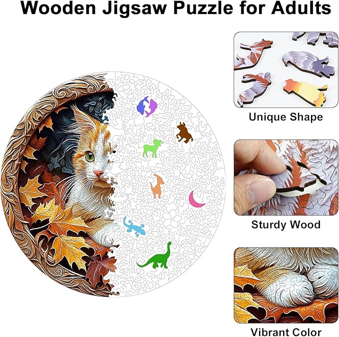 Wooden Puzzles for Adults, 210 Pieces Unique Cat & Autumn Leaf Pattern 3D Ornate Frame Wooden Jigsaw Puzzle, Easter Gift for Mom, for Cat Lovers