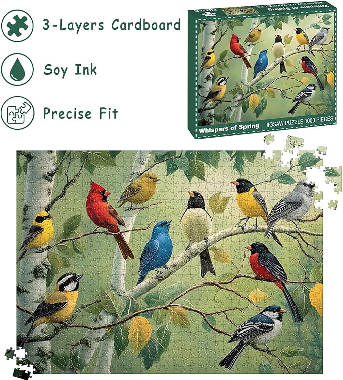 Puzzles for Adults 1000 Pieces, Bird Puzzle 1000 Pieces - Whispers of Spring, Unique Difficult Landscape Puzzle, Colorful Bird Jigsaw Puzzle, Finished Size 27.56 * 19.69", with 1:1 Poster
