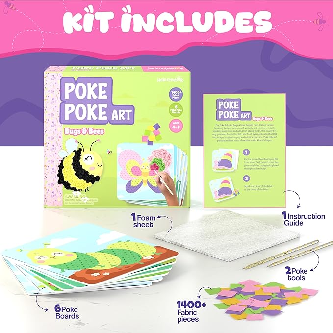 jackinthebox Poke Poke Art – Bugs Theme, Mess-Free Fabric Art and Craft, Flower Pressing Kits, Gift for Kids, Best Gifts for Girls and Boys Ages 4 5 6 7 8