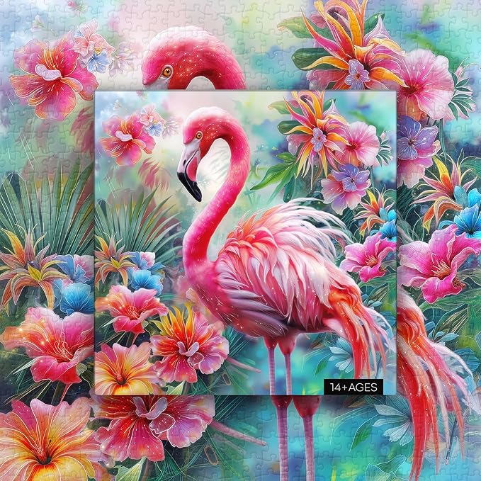 PICKFORU Pink Flamingo Puzzles for Adults 1000 Pieces, Colorful Flower Spring Garden Puzzle, Plant Animal Jigsaw Puzzles