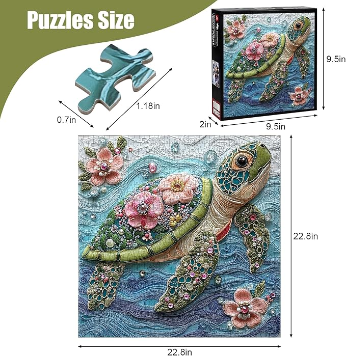 Sea Turtle Puzzles for Adults 1000 Pieces, Beautiful Diamonds Flower Sea Animal Jigsaw Puzzle with Letters on Back, Impossible Hard Difficult Art Puzzles, Fun Challenging Embroidery Family Puzzle Game