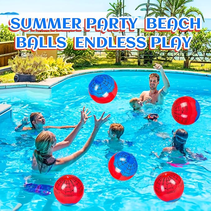 12 Pack Spider Theme Beach Ball 7.87" Inflatable Beach Balls for Summer Water Pool Games Blue and Red Spider Web Birthday Party Decorations Favors Under The Sea Party Decorations