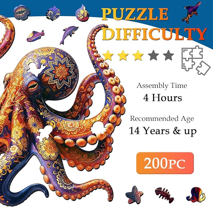 Wooden Jigsaw Puzzles for Adults and Kids, Octopus 200 Piece Unique Shaped Puzzle, Family Game and Creative Wooden Puzzle Gift, Wall Art Decor