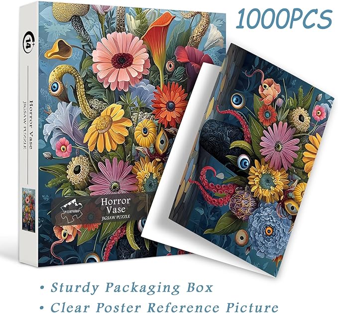 PICKFORU Horror Vase Jigsaw Puzzles 1000 Pieces, Scare Gothic Eyes Flower Puzzles for Adults, Vintage Difficult Unique Puzzle as Wall Decor