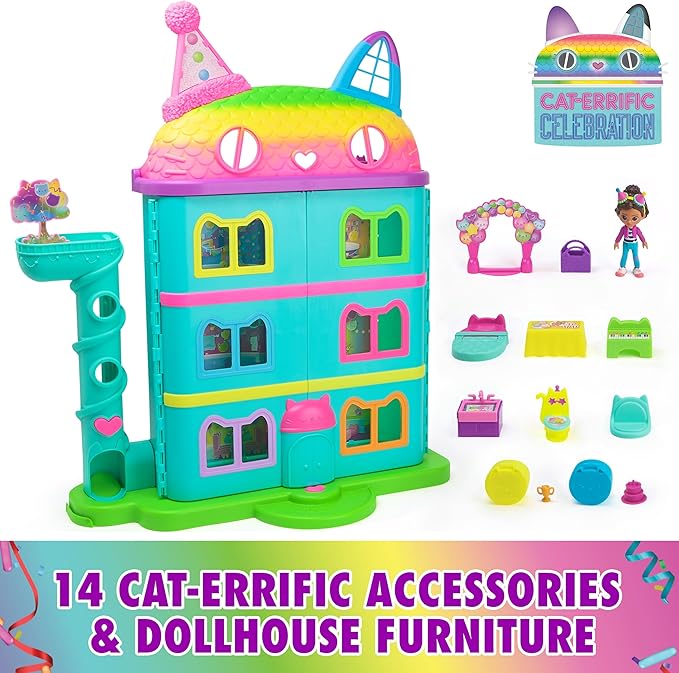 DREAMWORKS GABBY'S DOLLHOUSE, 14 Pc Celebration Dollhouse, 25-Inches Tall, with Toy Figures, Doll House Furniture & 10 Sounds, Kids Toys for Girls & Boys Ages 3+