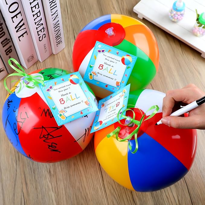 48 Pcs 12 Graduation Beach Balls with Cards End of Year Student Gifts, 24 Rainbow Pool Balls Inflatable Pool Toys 24 Graduation Cards for Summer Pool Beach Outdoor Class of 2026 Party Favor